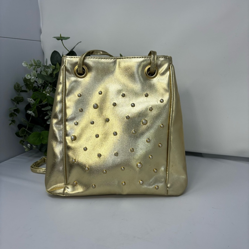Warren Reed Women’s Gold Purse White Pearl Embellishments Double Strap Vintage ￼